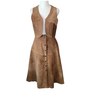 VTG Leather Vest & Skirt Set Bolero Flared Snap Up Midi A-line Junior SZ 9/10 - Picture 1 of 20