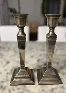 2 Pottery Barn Taper Candleholders Candlestick Silver Plated Heavy - Picture 1 of 13