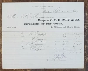 1887 Billhead Boston Massachusetts CF Hovey Importeure Trockenwaren - Bild 1 von 1