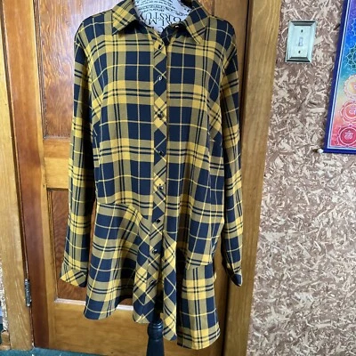 Susan Graver 1X Mostaza Escocesa Abotonada Dobladillo Asimétrico Mangas Largas Artístico Foto 1 de 4