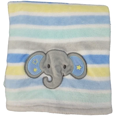 Manta a Rayas Elefante Baby Starters Suave Amarillo Azul Verde Gris Lovey Stars Foto 1 de 4