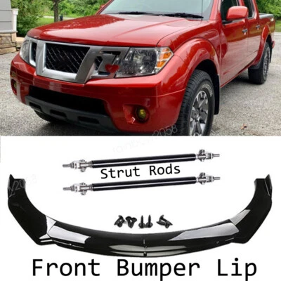For Nissan Frontier Truck Front Bumper Lip Spoiler Kit + Strut Rods Glossy Black Foto 1 de 4