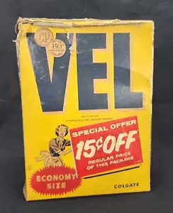Vintage 1950s VEL Dish Laundry Soap Economy Size Box Colgate Box Damage - Picture 1 of 24