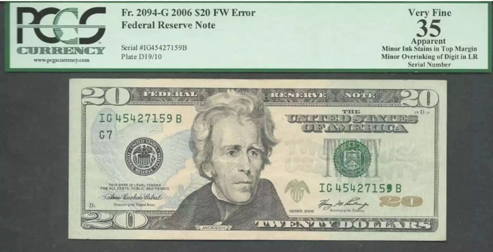 $20 2006 FRN Overinking of Serial Number Error PCGS VF 35 - Image 1 of 1