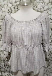 Old Navy Top Size Medium Plaid Off Shoulder Peasant Smocked Green Prairie - Picture 1 of 7