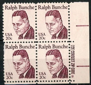 Ralph Bunche ZIP Block of 4 $.20 Stamps MNH Scott's 1860 Mottled Tagged - Picture 1 of 2