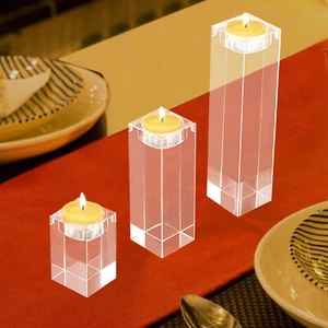 Set of 3 Glass Candle Holder, Crystal Clear Pillar Candle Stand 1.97"Square - Picture 1 of 18