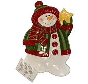 Fitz and Floyd Holiday Folk Snowman Serving Cookie Tray 15" Christmas Decor NIB - Picture 1 of 12