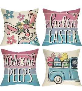 Ostern Kissenüberwurf Kissenbezüge 4er Set Weihnachtsdeko Hase Kaninchen - Bild 1 von 7