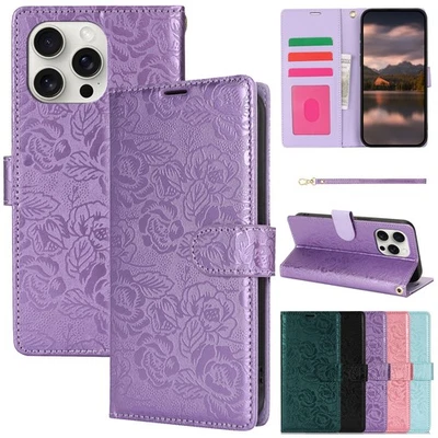 For iPhone 16e 16 Pro Max 15 14 13 12 11 Magnetic Leather+TPU Flower Wallet Case - Image 1 of 4