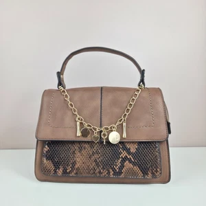 Ladies Taupe Faux Leather Shoulder Crossbody Handbag Snake Print Gold Chain Gift - Picture 1 of 5