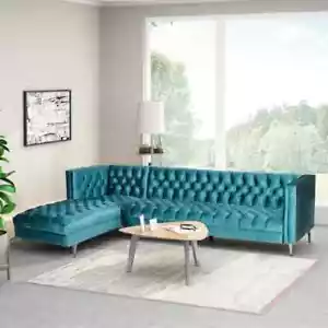 Contemporary Velvet Tufted Left Hand Facing Sofa Chaise Sectional Teal Blue NEW - Picture 1 of 7