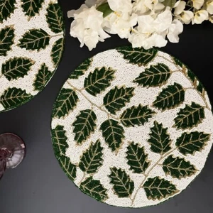 Handmade beaded placemat, leaf tablemat, 14 inch, green charger - Picture 1 of 5