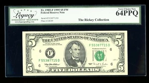 DBR 1995 $5 Atlanta Fr. 1985-F Legacy 64 PPQ Serial F55387715D - Picture 1 of 2