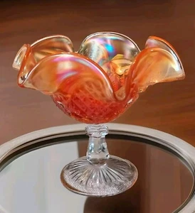 Pretty Vtg Orange Iridescent Pressed Glass Ruffled Edge Pedestal Dish 5.5" Tall - Picture 1 of 7
