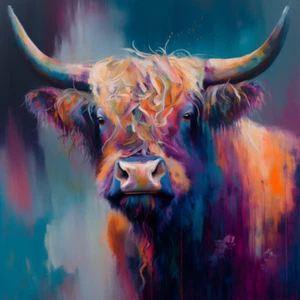 Highland Cow Colourful Oil Art Luxury Canvas Wall Picture Print Colourful - Picture 1 of 1