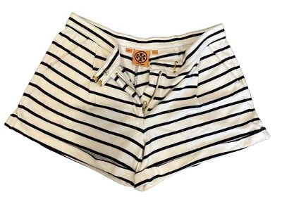 Pantalones Cortos Tory Burch Rayas Algodón Plisado Puños Preppy Marinero Crema Azul Marino Pequeños Foto 1 de 4