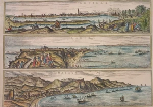 Stampa Mappa Siviglia Cadice Malaga Veduta Sevilla Cadiz Malaga Spagna Fine 1500 - Foto 1 di 19