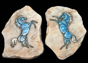 2 Mid-Century Hagen Renaker Mosaic Blue Horse Faux Rock Flagstone Wall Plaques - Picture 1 of 7