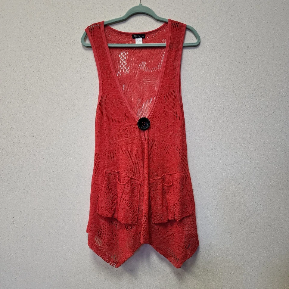 Colete de crochê lírio grande coral laranja renda praia cobertura piscina férias verão - Imagem 1 de 4