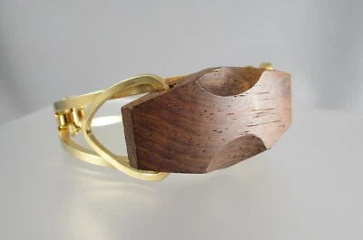 Brown Wooden Center Gold Tone Clamper Bangle Bracelet 8893 - Image 1 of 4