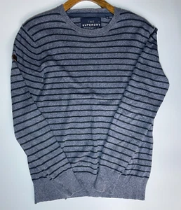 Superdry Premium Jumper Size Medium Men's Slim fit Navy Striped Cotton Cashmere - Picture 1 of 11