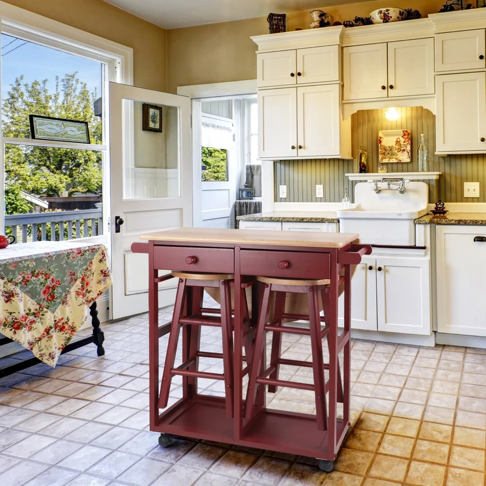 Kitchen Island Breakfast Cart with Drop Leaf Table Rolling Solid Hardwood Red - Image 1 of 4