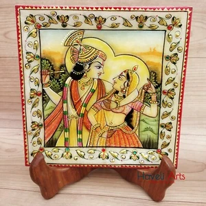 Decorative Tray 6 X 6" Marble Stone Handmade Radha Krishna painting Home decor - Picture 1 of 4