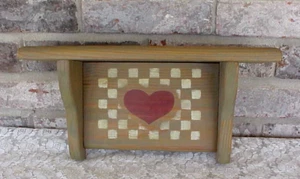 Vintage Wood Wall Shelf Plate Groove Red Heart Checkered Country Farm 13 5/8" L - Picture 1 of 10