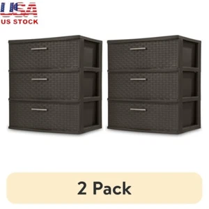 3 Drawer Wide Weave Tower Storage Bins Plastic Organizers Home Decor Set of 2 US - Picture 1 of 14