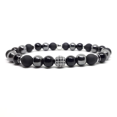 Bracciale sfera zirconi nero in acciaio perle pietre dure argento da uomo donna - Immagine 1 di 3