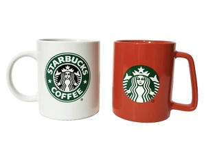 2 Starbucks Coffee Mugs 2020 Red Square Handle 11oz 2008 White Classic Siren - Picture 1 of 8