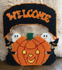 Vintage Handmade Halloween Pumpkin Ghost Witch Welcome Sign Plastic Canvas Yarn