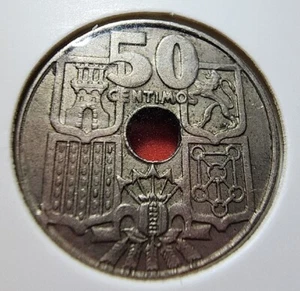 1949 Espana 50 Centimos Copper-Nickel Spanish Coin Center Hole - Picture 1 of 4