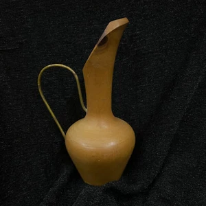 Hand made Vintage Wooden Pitcher Flowers Vase  60s Jug  Decor Art 5" Copper Hand - Picture 1 of 6