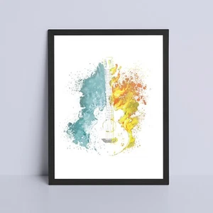Guitar Fire Ice Art Print, Dorm Room Wall Poster, Desk Picture, Room Decor Gift - Picture 1 of 2