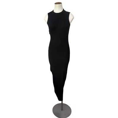 Alix NYC Asymmetric Ribbed Ruched Cutout Bodycon Midi Dress Black 2 Minimalist - Image 1 of 4