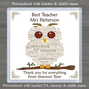 Personalised Teacher Gift Owl Coaster Thank You TA Word Art  Magnet Xmas School - Picture 1 of 6