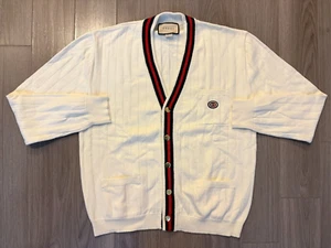 Gucci Knit Cotton V-Neck Cardigan with Web ivory sz L - Picture 1 of 2