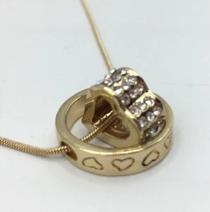 18k GP Gold Plated Rhinestone Heart Suspended In Embossed Hoop Pendant Necklace  - Picture 1 of 8