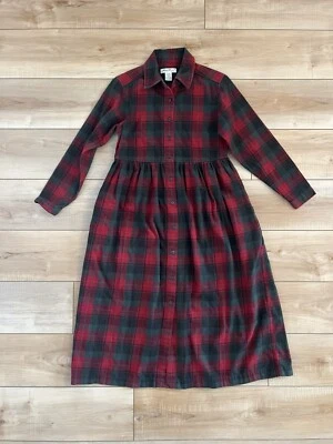 Vintage Eddie Bauer Size XS S Modest Red Green Plaid Flannel Long Shirt Dress - Image 1 of 4