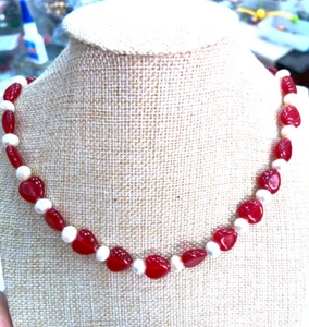 Fashion 12mm Heart Red Ruby & 6-7mm White Akoya Pearl Necklace 18/20/24" AAA+ - Picture 1 of 5