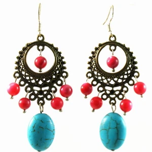US Seller TURQUOISE EARRING fashion vintage BLUE Dangle Long Light red beads - Picture 1 of 2