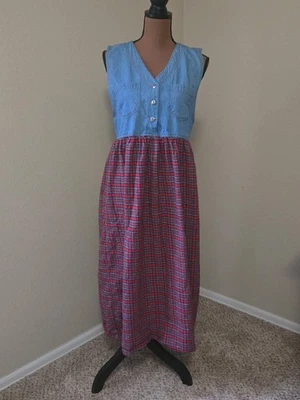 Erika Classics Clothing Denim Top Dress Red Plaid Bottom Medium  - Изображение 1 из 4