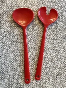 Vintage Red Rosti Danish Design Melamine Salad Server Utensils Fork & Spoon MCM - Picture 1 of 5