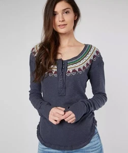 Free People Fair Isle Thermal Top Embroidered Henley Blue LARGE Y2K Boho - Picture 1 of 11