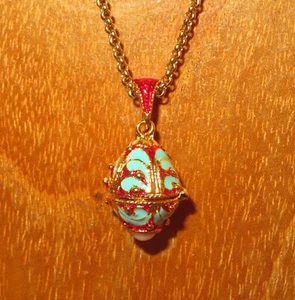 Egg Pendant Russian Necklace Blue Red ENAMEL pearl on bottom golden chain - Picture 1 of 9