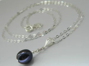 Beautiful Oval BLACK FRESHWATER PEARL & Solid 925 Sterling Silver Chain Necklace - Picture 1 of 12