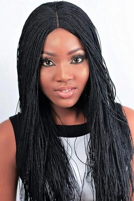 Peluca larga negra afro trenzada micro trenzas torcidas pelucas de cabello sintético uso diario EE. UU. Foto 1 de 4