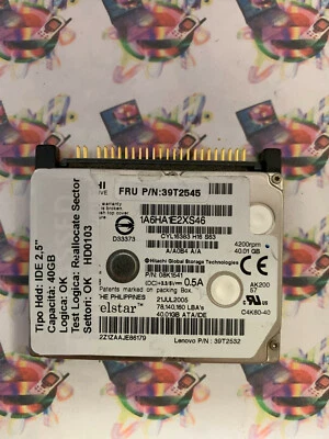 Hard Disk Usato IDE 2,5" 40GB HITACHI 1A6HA1E2XS46 08K1541 21 JUL 2005 - Immagine 1 di 4